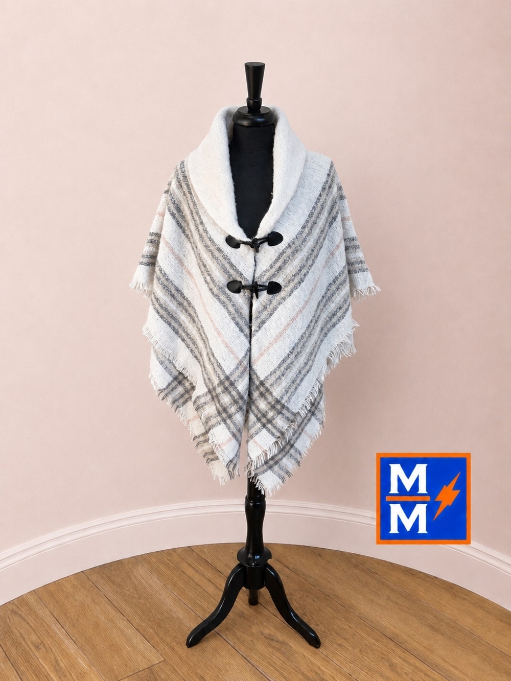 Cozy Shawl Poncho with Toggle Closure - Light Gray & Cream Plaid NWT!!!